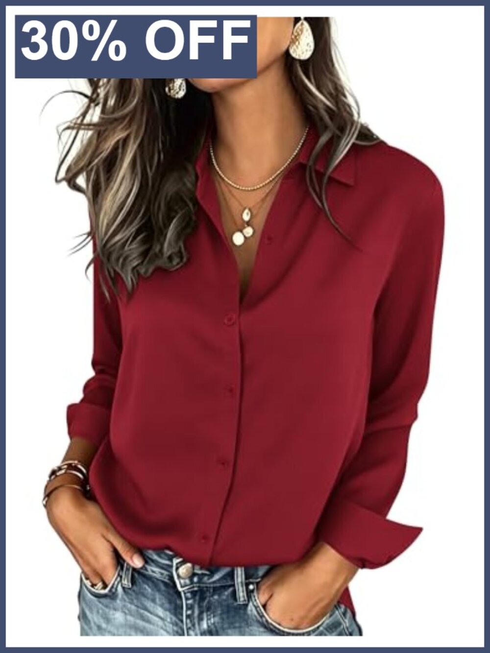 Long Sleeve Button Down Blouse Collared V Neck Office Top